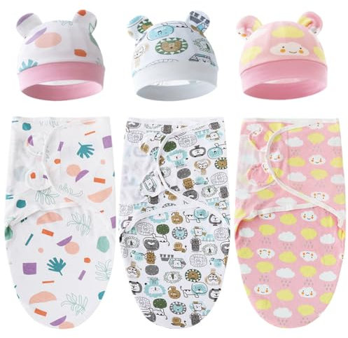 ISAKEN Newborn Swaddle Decke Hut Set Wickeldecken Baby Pucktuch Baby Pucksack Pucktücher Wickeldecke Puckschlafsack Pucktuch Warm Hut für 0-6 Monate Neugeborene Mädchen Jungen