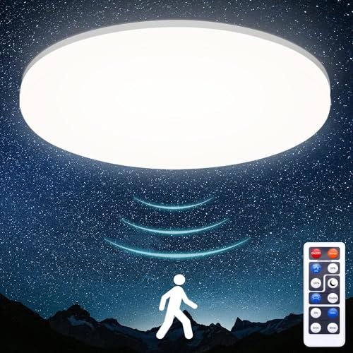 Oraymin LED Deckenleuchte mit Radar Bewegungsmelder 24W 2400LM, Lampe mit Bewegungsmelder Innen IP54 4000K, Deckenlampe Bewegungsmelder mit Fernbedienung für Treppe Keller Garage Carport, Rund, 28cm