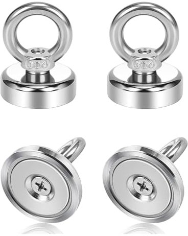 RYAN Starke Magnete 4 Stück Neodym Magnete Extra Stark 45kg Zugkraft Magneten 36 mm Extra Starke Magnete mit Heberinge und Schrauben für Geeignet Magnet Fischen in Haus Werkstatt Wasser