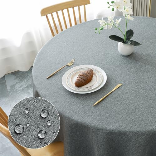 AooHome Tischdecke Rund Φ160cm, Grau Leinen-Optik Tischdecken Abwaschbar Tischtuch aus Polyester Wasserabweisend mit Lotuseffekt, Dauerhaft Kratzfest für Wohnzimmer, Esszimmer, Balkon, Garten