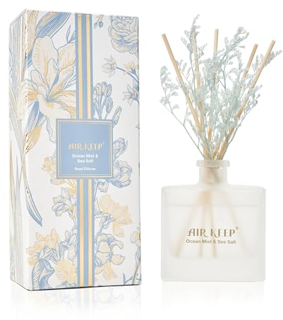 Airkeep Raumduft Meeresbrise & Meersalz 170ml, Raumduft Stäbchen im Milchglas-Behälter, Reed Diffuser für Badezimmer, Wohnung, Heimdekoration