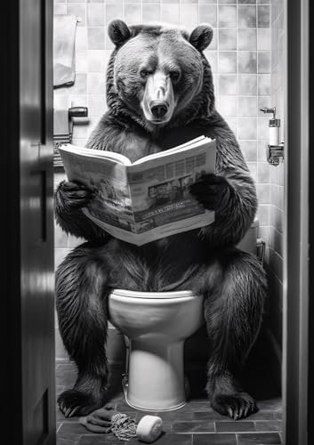 Bär auf WC, Poster A4 ohne Rahmen, Toilette Badezimmer Deko, Wand-Deko Bilder Lustiges Geschenk