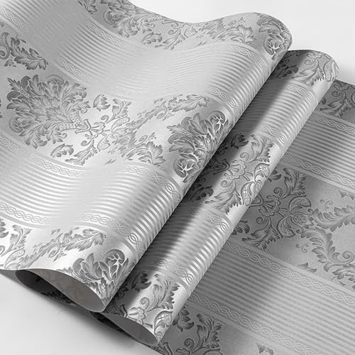 Trafagala 9.5X0.53M Luxury Metallic Grey Floral Wallpaper - Quartz Damask Wallpaper with Silver Grey Luxury Embossed Flock Textured Victorian Design for Bedroom, Living Room, Hallway