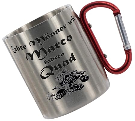 Crealuxe Edelstahltasse mit Karabiner 'Echte Männer wie Name fahren Quad' Tasse personalisiert, Kaffeetasse, Bürotasse, Metalltasse mit Name, Geschenk