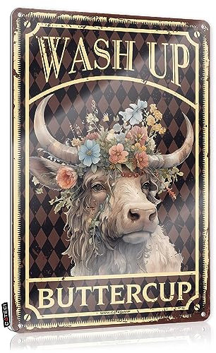 Lustiges Wanddekor-Schild, Kuh, mit Butterblumen-Motiv, für Badezimmer, lustige Wandkunst, Heimdekoration, Hof-Statuen, Outdoor- und Gartenbüro-Wanddekoration für Frauen, Vintage-Blechschild, Metall,