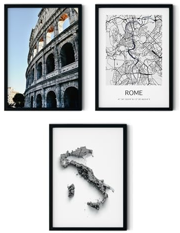 MJ-GRAPHICS® - Rom Wandbilder Wohnzimmer Italien Landkarte Relief Stadtkarte Poster, 3x A3, Bilder Wohnzimmer, Bilder Schlafzimmer, Kolosseum, Leinwandbild, Büro Schlafzimmer, Wanddeko ohne Rahmen