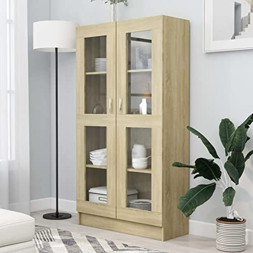 Sufrk Vitrinenschrank Sonoma-Eiche 82,5x30,5x150 cm Holzwerkstoff BüCherschrank Mit TüRen Wohnzimmer Vitrinenschrank Vitrine