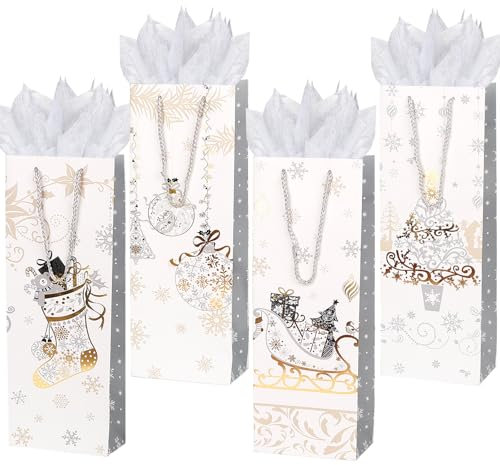12 Pack Christmas Wine Gift Bag Wine Bottle Bag with Tissue Paper for Xmas Winter Holiday Party Supplies (Silver)