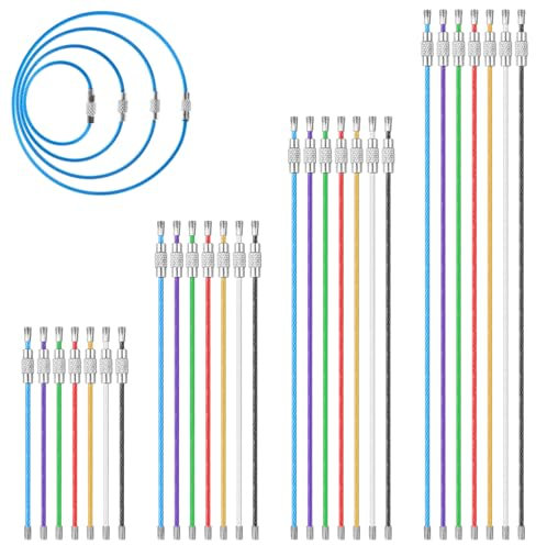28 llaveros de alambre de 2 mm, 7 colores, flexibles, de metal, con bloqueo, de acero inoxidable, con revestimiento de nailon grueso, para etiquetas de equipaje, llaveros, utensilios de cocina