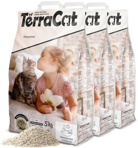 TerraCat katzenstreu, 19.5L - 3er Cat Litter, 100% Natürlicher Griechischer Bentonit Katzenstreu Klumpstreu, Hohe Saugfähigkeit Klumpstreu für Katzen, Staubfrei Katzenstreu Klumpend, Unparfümiert,15Kg
