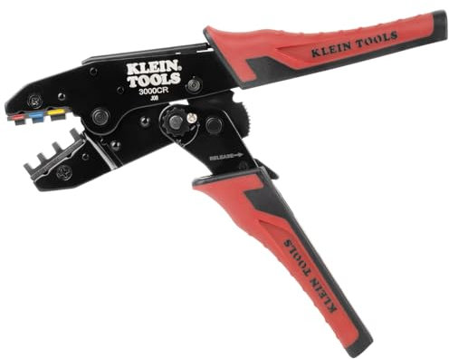 Klein Tools 3007CR Crimping Tool for Heat Shrink Connectors, Ratcheting Terminal Crimper, 10 to 22 AWG Stranded Copper Wire, Full-Cycle, 3-Cavity