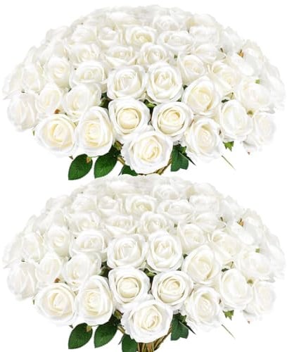 Rowfad 120 Pcs Artificial Roses Bulk, Fake Velvet Silk Flowers, White