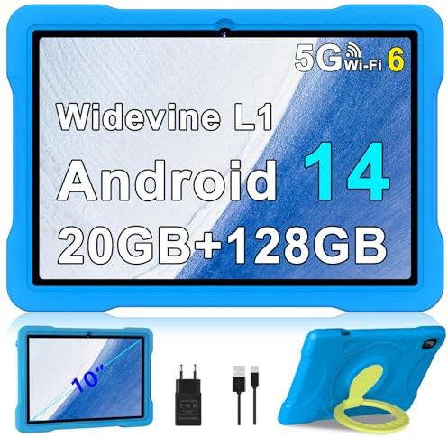 Tablette enfants Tablette Android 14 Tablette 10 Pouces Tactile, 20Go RAM+128Go ROM (TF 1To), 8-Core,Widevine L1, 5G WiFi 6,6000mAh,BT 5.0,FHD 1080p,Tablette avec souris et garantie de deux ans - Bleu