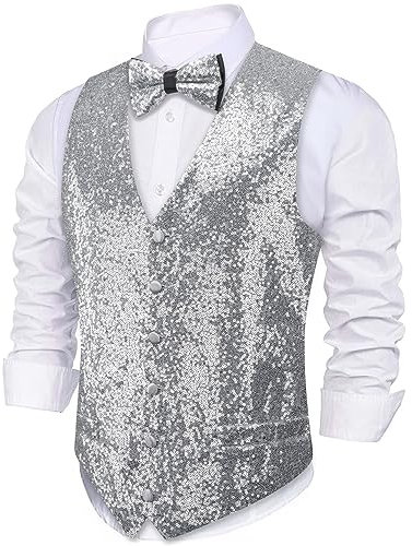 Barry.Wang Glänzende Herren-Weste mit Pailletten, Fliege, Set, glitzernd, lässig, Weste, Festival, Disco, Party, Abschlussball, Silberne Pailletten, L