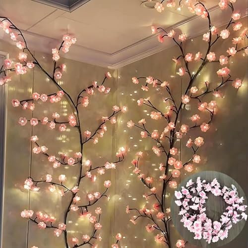 Arbre Lumineux LED, Arbre Lumineux Interieur Fleur de Cerisier, Vine Décoration avec Télécommande et 8 Modes, Minuteries alimentées par USB, Decoration Murale Chambre (Cerisier Roses, 1.6M 72LEDs)