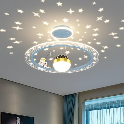 HTsilphelene Deckenlampe Kinderzimmer,kinderzimmer Lampe Decke Mit Projektor Sterne Dimmbar Runde Moderne Kronleuchter Deckenleuchte Für Mädchen Jungen Zimmer Kinderzimmer Kinder (Blau)