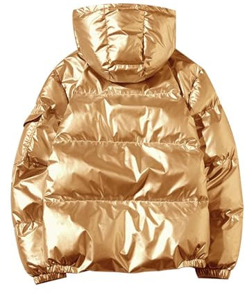 Cexiakong Veste d'hiver pour homme - Mode doré argenté brillant - Veste matelassée à capuche - Couleur unie - Col montant - Veste thermique chaude rembourrée - Veste de randonnée coupe-vent - Veste de