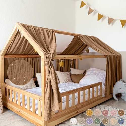 lilimaus Hausbett Himmel mit Gold Applikation [in 12 Farben] Betthimmel Hausbett aus 100% Baumwolle Musselin - Stoffhimmel für Hausbett Deko Mädchen & Jungen - Himmel für Hausbett Kinderbett Vorhang