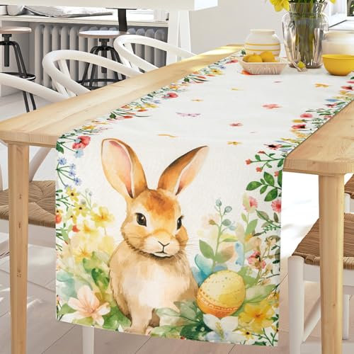Blulu Ostern Tischläufer 40 x 180 cm Kaninchen Tischdecke Frühling Hase Blumen Tischläufer Deko Saisonale Feiertag Tischdecke Fahne Abdeckung für Wohnzimmer Zuhause Küche Mottoparty(Lebendig)