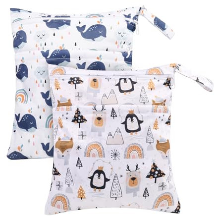 Kaisibum 2 Stück wasserdichte Stoffwindeln Nasstaschen Große Wickeltasche Wetbag Nasstaschen Wiederverwendbare,Cartoon-Druck Wet Dry Cloth Windeltasche mit Reißverschluss für Baby Reisen Unterwegs