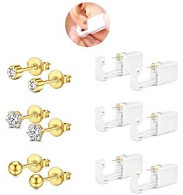 WillTen 6pcs Gold Ear Piercing Kit, Disposable Ear Piercing Gun with Built-in Studs, Safe & Easy to Use