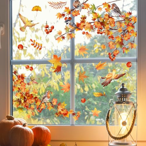 AIBIIN Herbst-Fensteraufkleber, Herbstblätter, Vögel, Fensteraufkleber für Ernte, Party, Zuhause, Büro, Dekoration, doppelseitig, wiederverwendbar, Fensteraufkleber