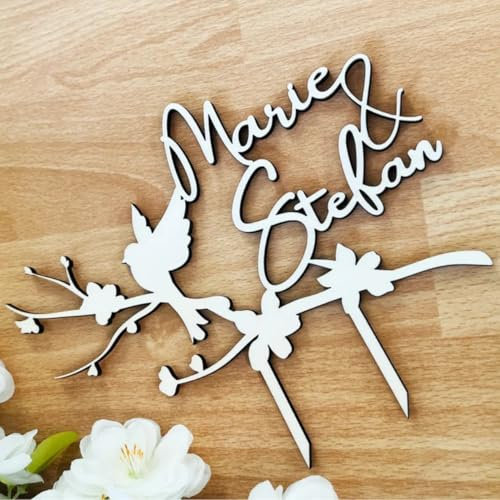 NoriKids Cake-Topper personalisiert & handgefertigt – Tortenstecker aus Holz – Tortendeko Hochzeit – Motiv Taube, Ast & Namen – individuelle Hochzeitsdeko – personalisierte Geschenke