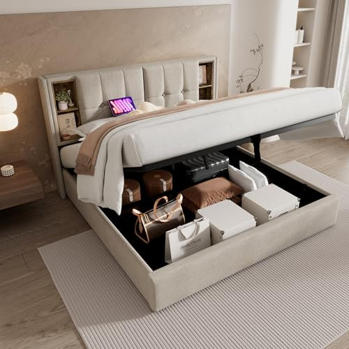 Upholstered Bed Frame with Hydraulic Lift and Storage Headboard, 4ft6 Double Bed Frame with Wireless & USB Charging Station, Linen Functional Ottoman Storage Beds, Wooden Slats, No Mattress, Natural