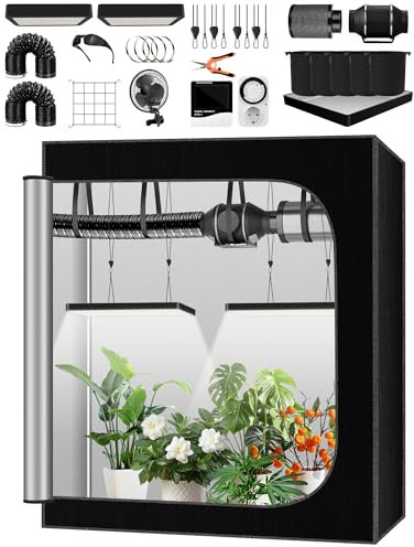 QEANY Komplettes Growzelt Set, 60x120x180cm Growbox, Growzelt-System mit 2x100W LED-Wachstumslicht, automatischem 4-Zoll-Lüfter, Kohlefilter und Lüfter, Indoor Grow Tent Set (TZ60120180)