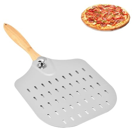 Perforated Pizza Peel 12 inch Aluminum Metal Pizza Paddle Pizza Spatula,Paddle with Foldable Wood Handle Easy Storage，Oven Accessories for Baking Pizzas and Artisan Breads