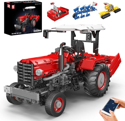 Mould King 17064 Technik Ferngesteuert Traktor-Baustein-Modell-Set, mit DREI austauschbaren Landwirtschaftsanhängen (Erntemaschine, Fräser, Pflug) APP Technologie Klemmbausteine Bausatz 1857+Teile