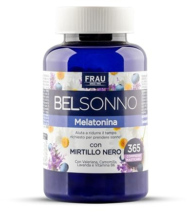 FRAU BEL SONNO Melatonina 365 Compresse Masticabili, Un Anno di Scorta, Integratore Alimentare per Favorire il Sonno con Valeriana, Camomilla, Lavanda e Vitamina B6, Gusto Mirtillo