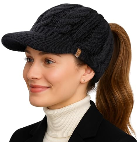TOP-EX ChicPony™ Merino Wolle Ponytail Strickmütze mit Schirm 3 Zopföffnungen Fleece Gefüttert Warme Winddichte Wintermütze Damen