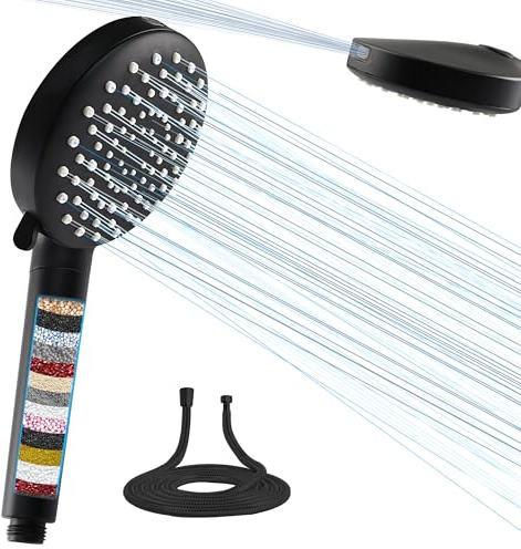 SANYCASA Shower Head with Filter 7 Jet with Hose Shower Head Water Saving Black