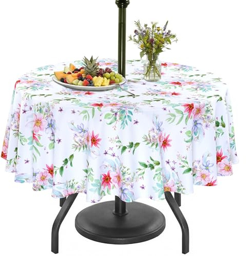 Eternal Beauty 178cm Round Light floral Indoor Outdoor Splashproof Tablecloth with Umbrella Hole and Zipper for Patio Garden Party and BBQ（70 Inch）