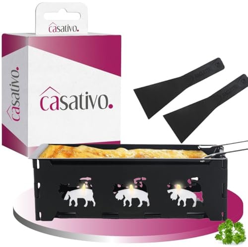 ideoon Faltbares Raclette-Teelicht für 1-2 Personen, Raclette Set ohne Strom inkl. Teelichtern und Schaber, Metall mit originell ausgestanzten Kühen, antihaftbeschichtet