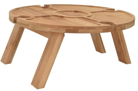 SIXRUN Table de Pique-Nique en Bois avec Support de Verre à Vin pour Randonnée, Camping, Dîner en Plein Air, Bureau à Vin Portable Haute stabilité pour Voyageur, Cour Familiale en Bois D'hévéa