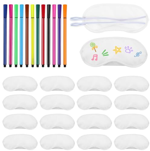 16 Stück Bemalbare Schlafmaske Kinder für Übernachtungsparty Mädchen – Kreatives Set für Pyjama Party mit 12 Farbstiften, Weiche Schlafbrille zum Selbstgestalten (18,5 x 8,5 cm)