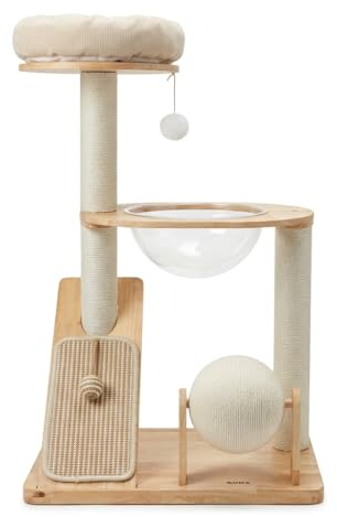 Torre Rascador, Arbol para Gatos, de Madera y Sisal, con Hamaca Transparente, Cama Redonda, Rascador y Bola
