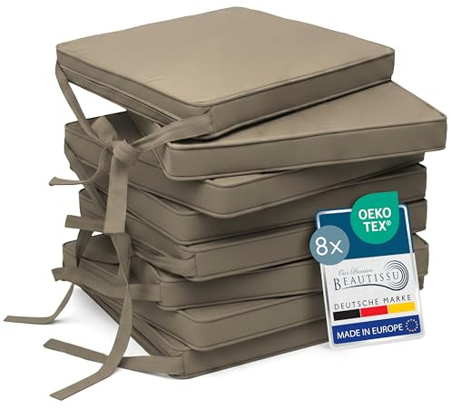 Beautissu Stuhlkissen 8er Set Stuhlpolster mit Bändern rutschfest | 45x40cm Taupe Sitzkissen für Stühle Sitzpolster mit Befestigungsbändern Sitzauflage Polsterauflage Gartenstuhl Kissen Loft SK
