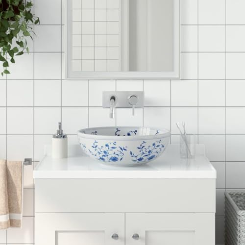 Aufsatzwaschbecken aus Keramik Weiß und Blau rund Ø41x14 cm mit Hahnloch Handwaschbecken für Badezimmer Gäste WC Waschtisch mit Überlauf und elegantem Vintage-Muster