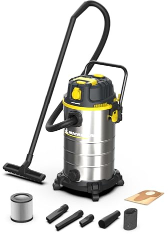 MICHELIN, Aspiratore Solidi e Liquidi, HP35 PRO, Serbatoio in Acciaio da 35 L con Manico Ergonomico, con Presa Elettroutensili, 1400 W, Completo di Accessori, Funzione di Soffiaggio, 21 kPa