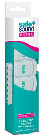 Safe and Sound Jumbo Sized 7 Day Pill Box, Push-button Easy-open Lids, Includes Two Patient Record Cards