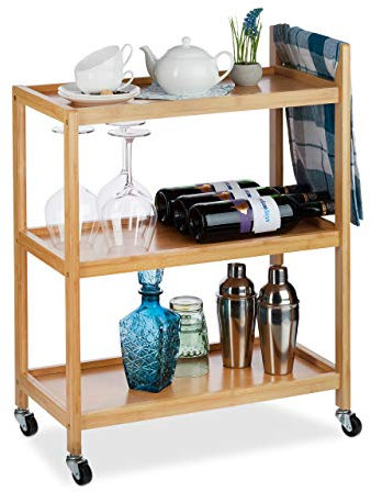 Relaxdays Servierwagen Bambus, 3 Ablagen, natürliche Optik, 360° drehbare Rollen, Rollwagen, HxBxT: 76x58x30 cm, natur