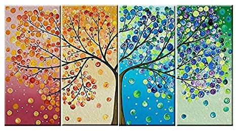 SWFDV Pittura a Olio su Tela Quadro Albero della Vita di Quattro Stagioni Albero Fortunato Dipinto Albero su Tela Albero genealogico Poster Albero colorato Foglia Spray Wall Art Painting