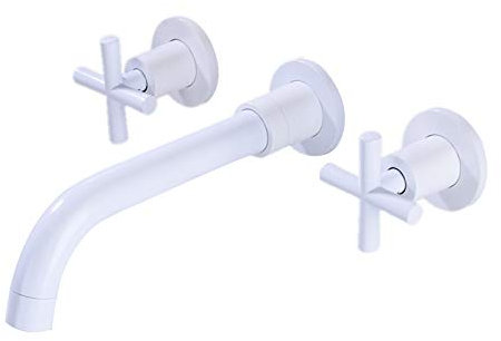 White Bathroom Faucet Wall Mounted Two Handle Wall Mount Bathroom Sink Faucet Lavatory Basin Mixing Faucets with Rough in Valve Included 360 Degree Swivel Spout