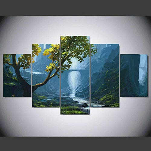 Myrdsio Multi Panel Wall Art 5 Piece Print On Canvas Pictures Trees Arch Bridge River Stream Art Print Images Modern Home Decoration Wallpaper Framed