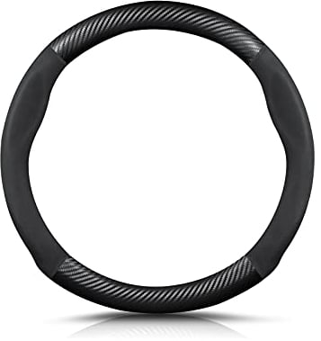 Ergocar Forma Redonda Fibra de Carbono y Cuero PU de Microfibra Funda Volante Coche Antideslizante Accesorios Coche Transpirable Estilo Deportivo para diámetro 38cm （15 ）-Negro