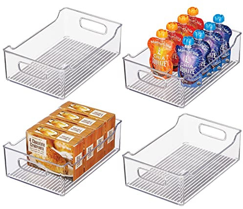 mDesign Aufbewahrungsbox für abgepackte Lebensmittel – Küchen Ablage mit offener Vorderseite und Griffen für Kühlschrank oder Gefriertruhe – Kühlschrankbox aus Kunststoff – 4er-Set – durchsichtig