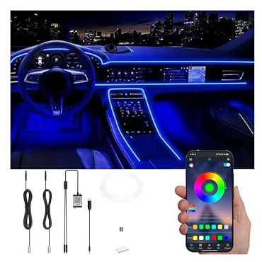 QAUBEN Auto Innenraum Umgebungsbeleuchtung Kit USB Mehrfarbig RGB 3m Optische Glasfaser 64 Farben Sound Aktive Musik Sync Speicherfunktion Drahtlose Bluetooth APP Steuerung Auto Atmosphäre Licht 12V